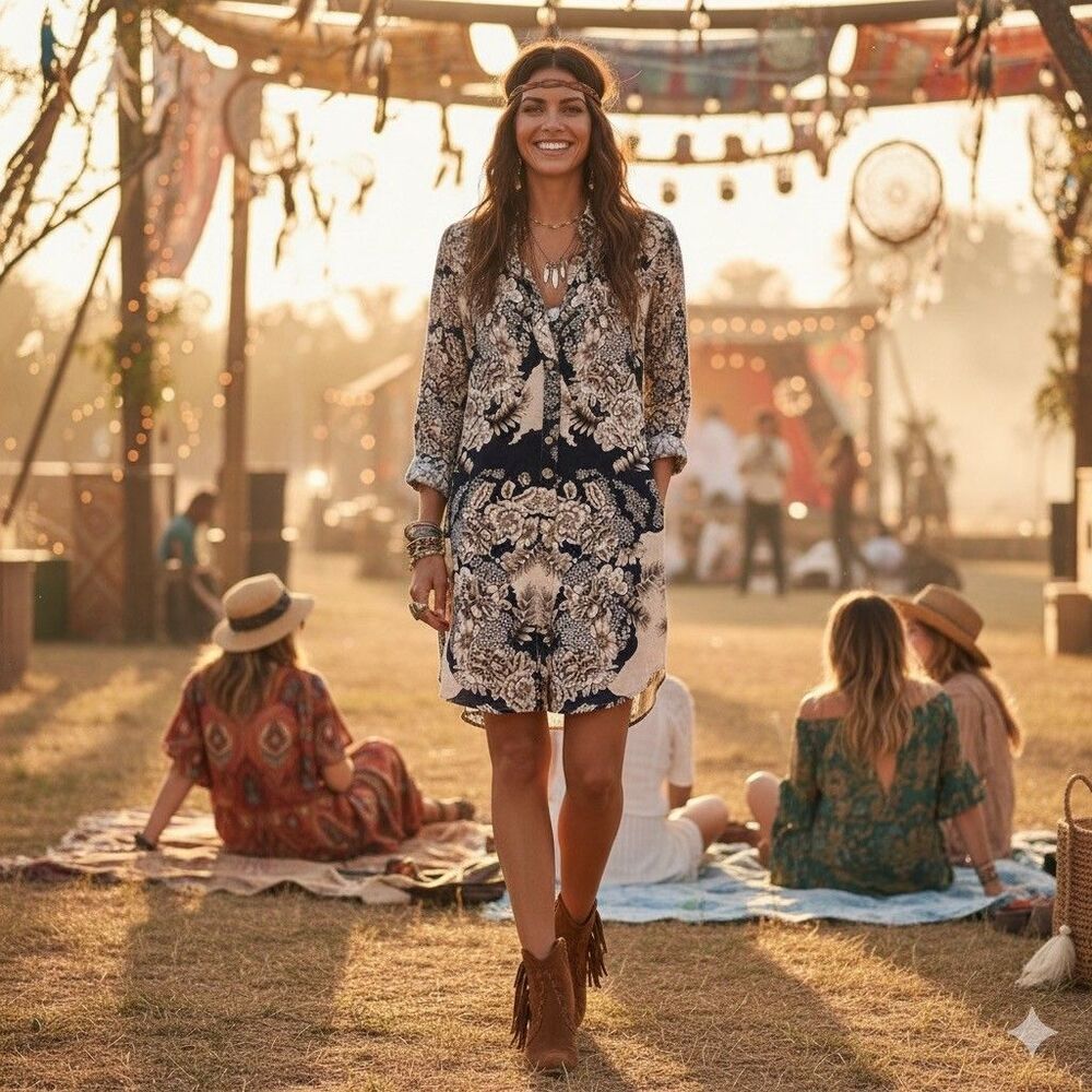 Soft Surroundings St. Remy Floral Button Tunic Shirt Dress L Bohemian Coastal